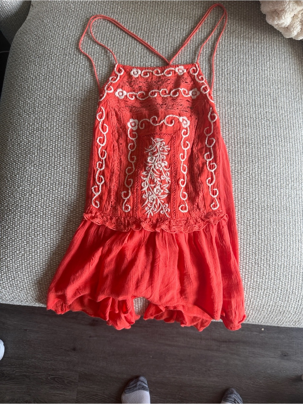 Free People Coral Embroidered Spaghetti Strap tank